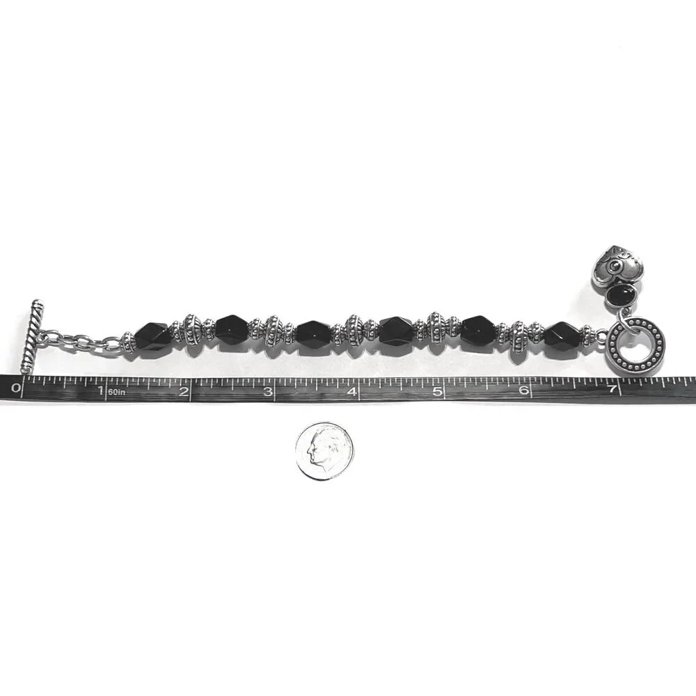 Brighton Toggle Bracelet Silver Plated Black Faceted Glass Bead Heart Love 7.5
